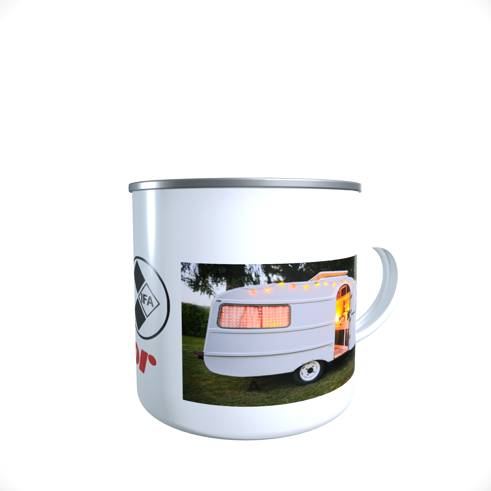 Emailletasse / Tasse QEK Junior Foto DDR Wohnwagen