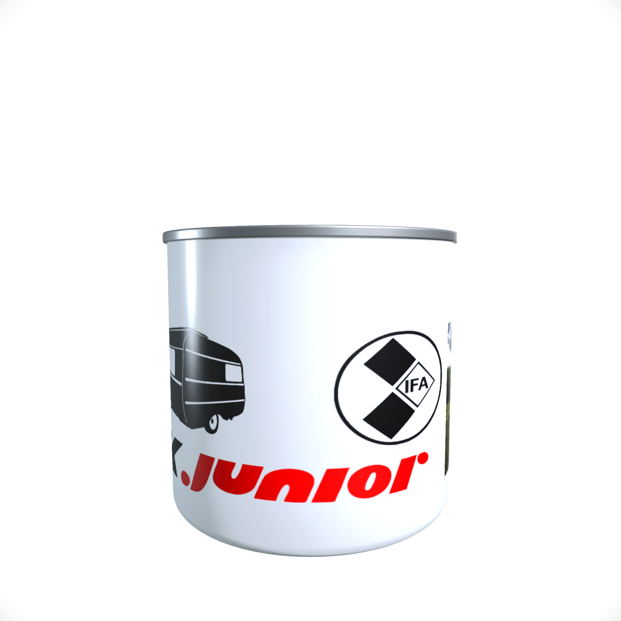 Emailletasse / Tasse QEK Junior Foto DDR Wohnwagen